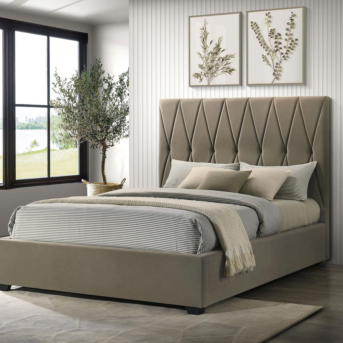 Delsea Upholstered Queen Panel Platform Bed Light Brown