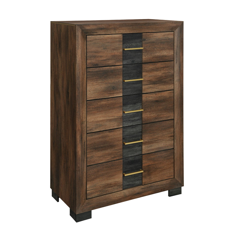 Dark brown wood chest of 5 drawers with black center stripe and gold bar pulls.