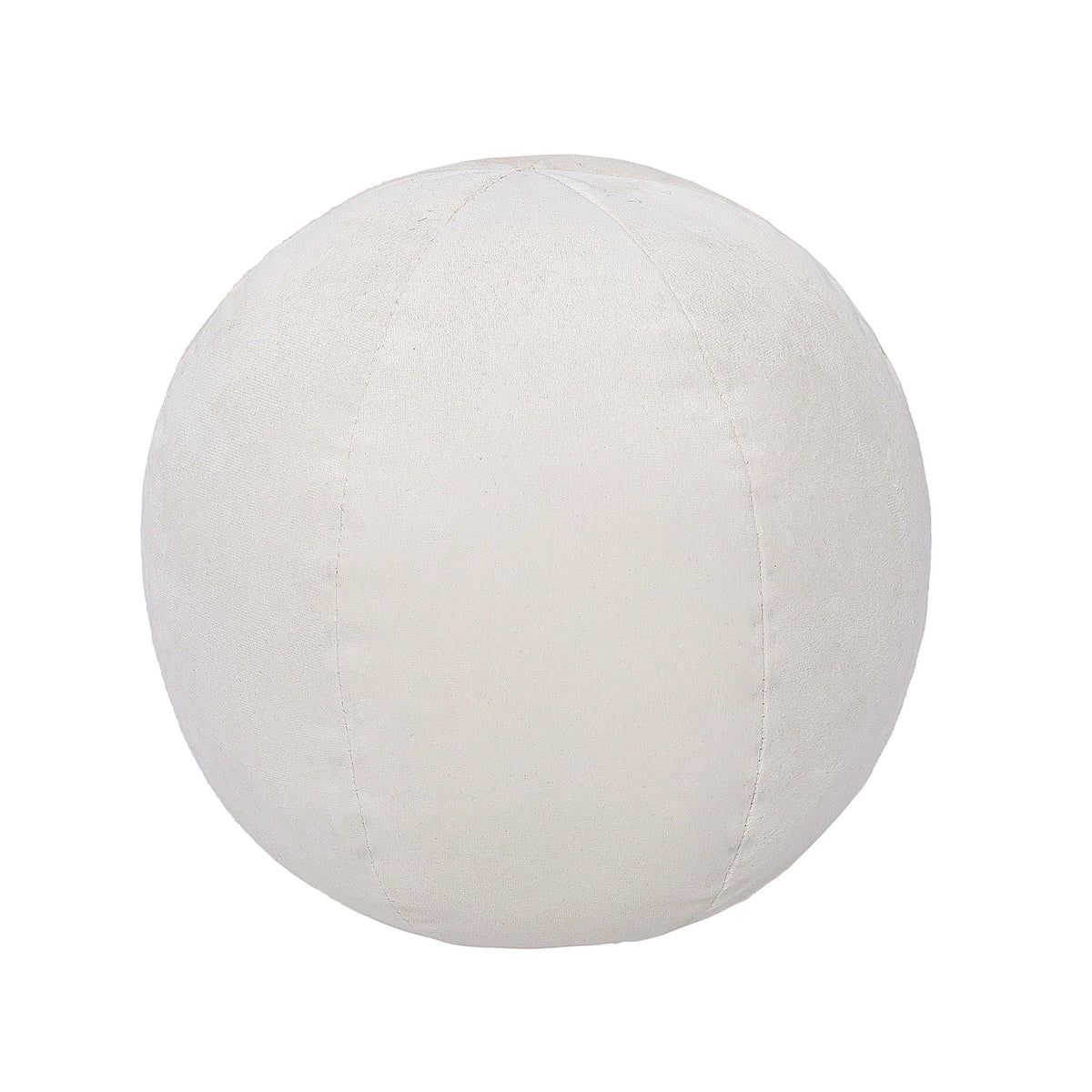 Round pillow with white/cream smooth fabric and subtle stitched seams.