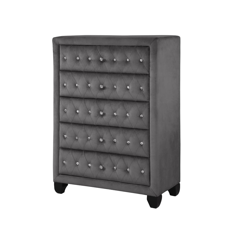 Gray upholstered 5-drawer chest with tufted front and silver stud buttons
