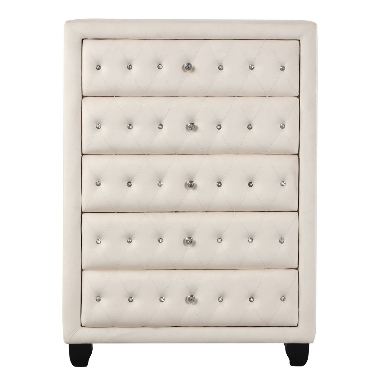 Beige 5-drawer upholstered chest with tufted drawer fronts and dark feet.