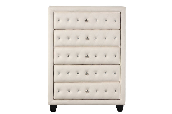 Beige 5-drawer upholstered chest with tufted drawer fronts and dark feet.
