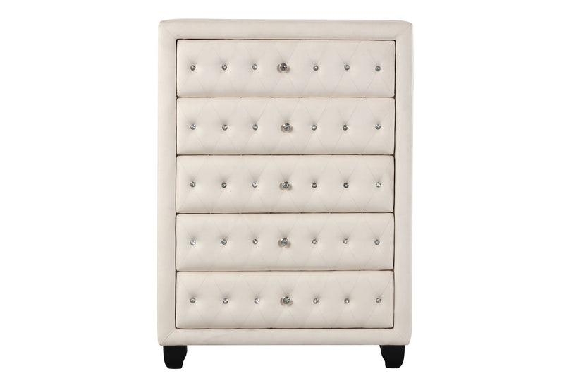 Beige 5-drawer upholstered chest with tufted drawer fronts and dark feet.