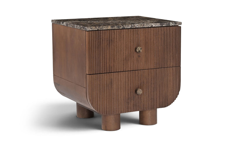 Dark mango wood nightstand with two drawers and dark stone tabletop