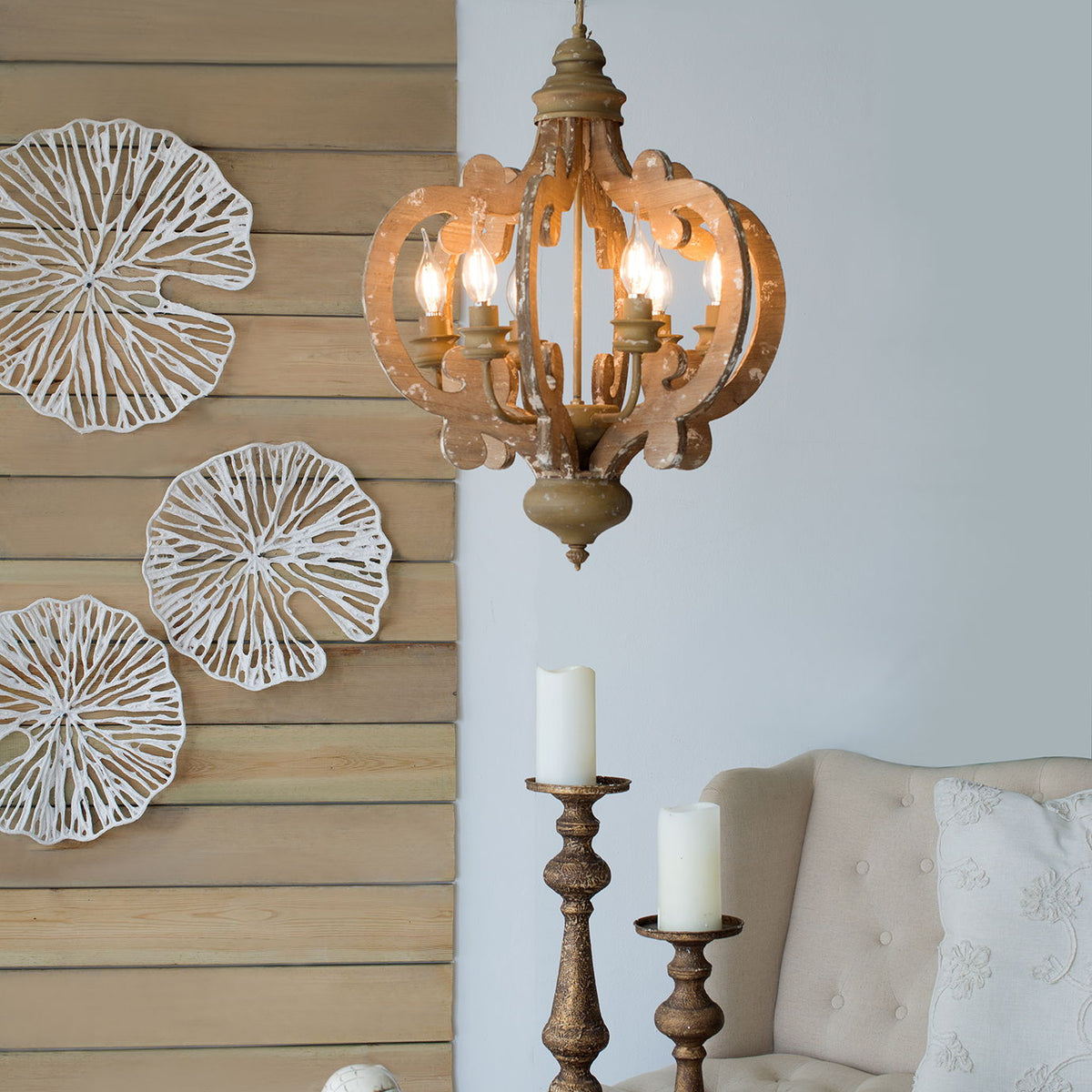 Farmhouse Chandelier, 6 Light Wood Chandelier Pendant Light Fixture With Adjustable Chain For Dining Room Living Room Entryway, Bulb Not Included