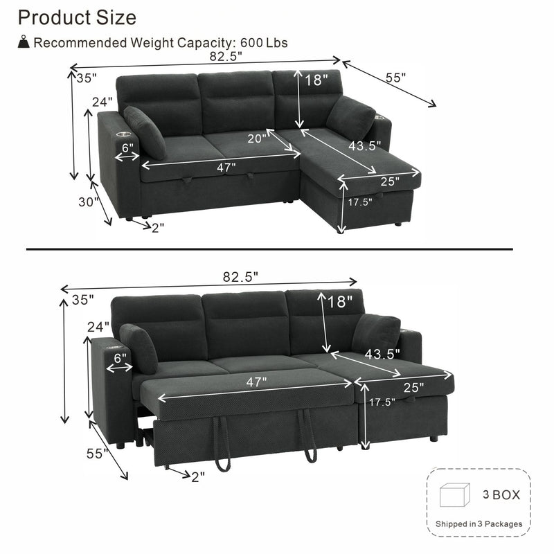 Convertible L - Shaped Sectional Sofa Bed With Storage Chaise, Cup Holders