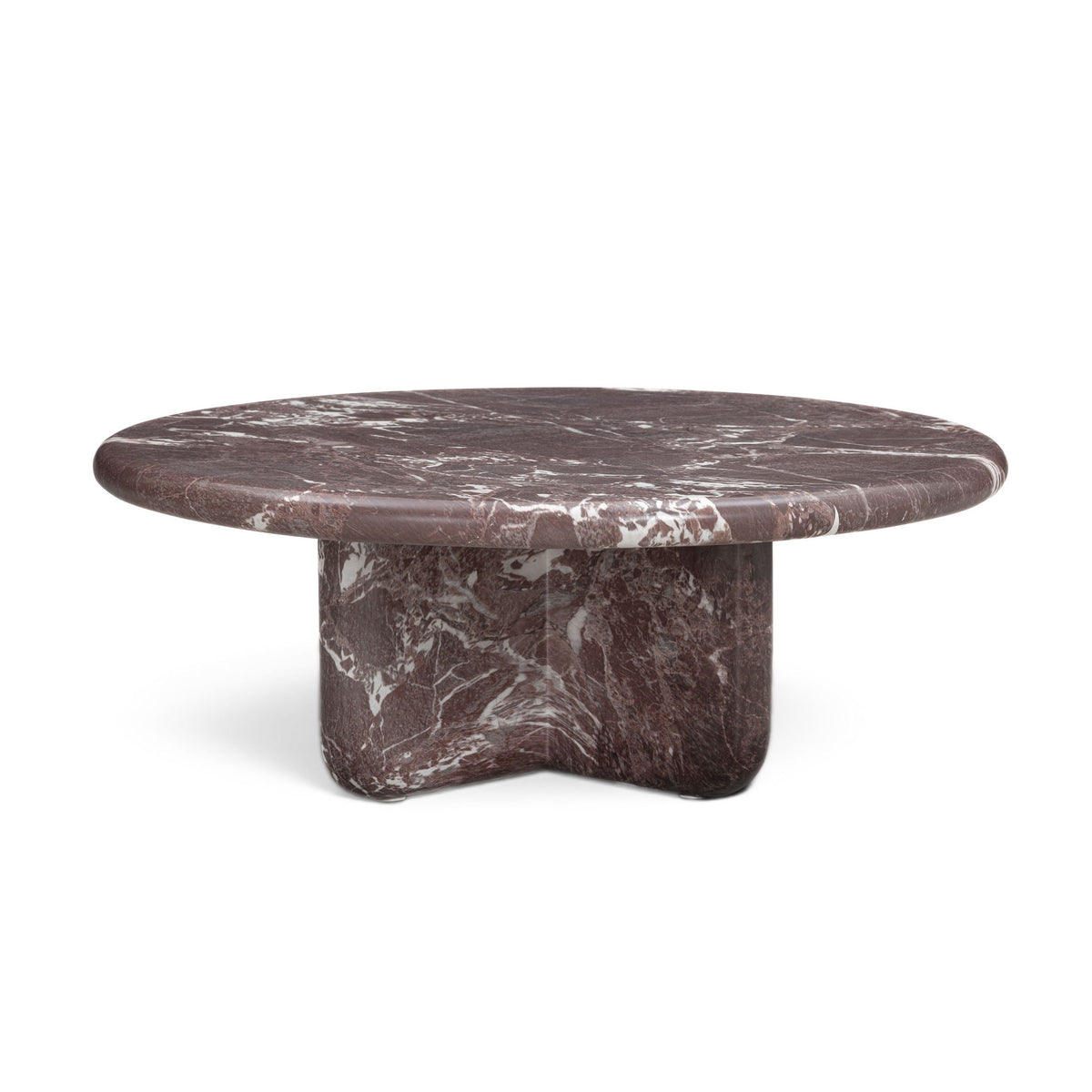 Round dark red marble-look coffee table with white veining and thick base