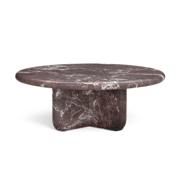 Round dark red marble-look coffee table with white veining and thick base