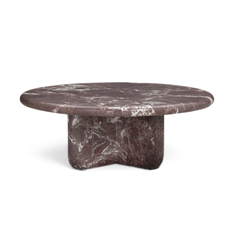 Round dark red marble-look coffee table with white veining and thick base