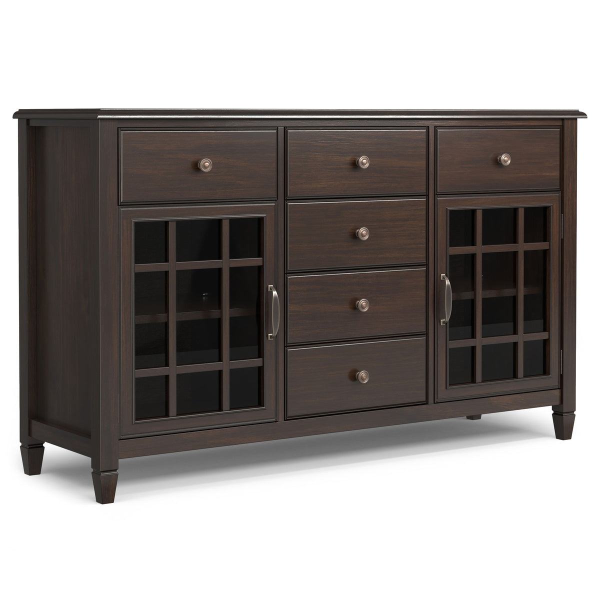 Dark brown sideboard buffet with glass-front cabinet doors and drawer fronts