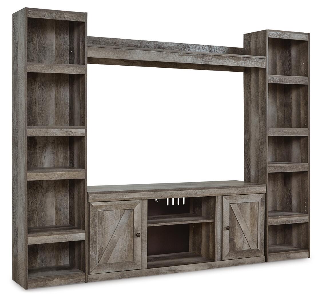 Gray entertainment center with open shelves and TV wall fireplace opening