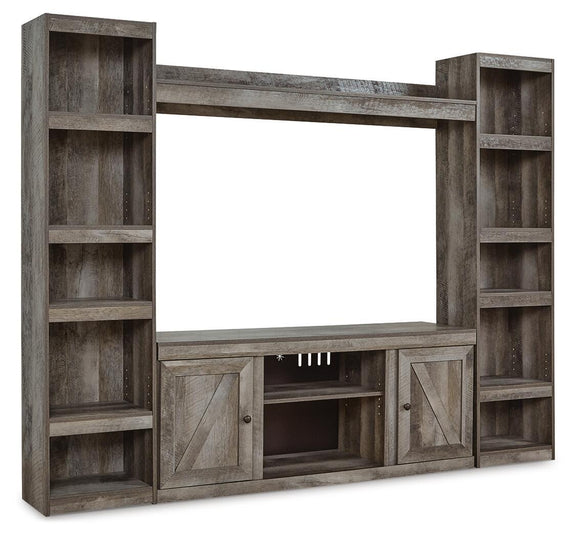 Gray entertainment center with open shelves and TV wall fireplace opening