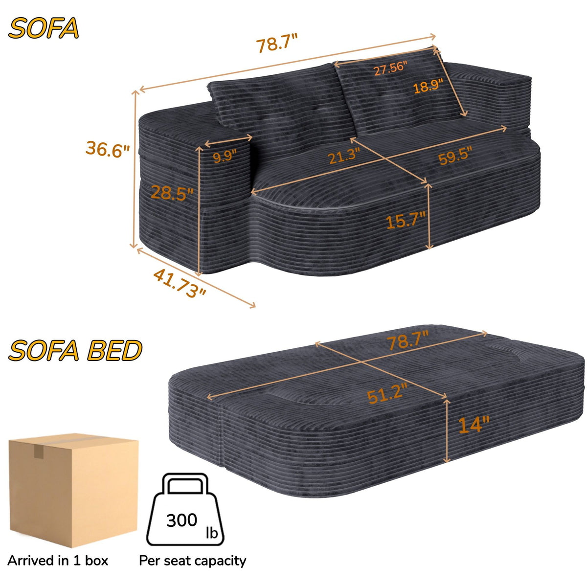 Dark gray ribbed convertible floor sofa bed with folding armrests and mattress pad
