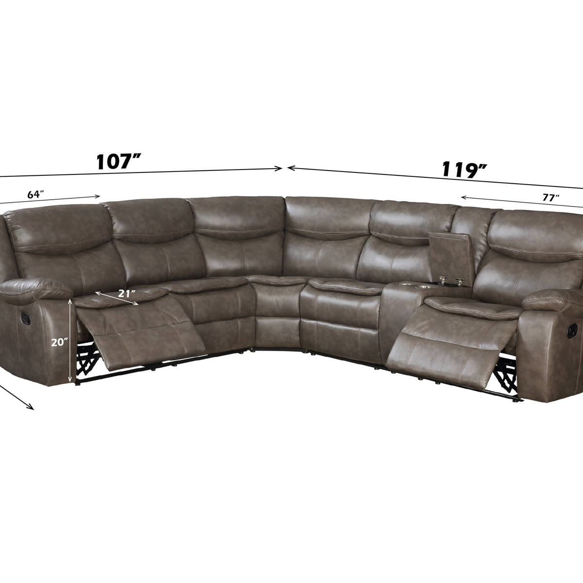 Tavin - Faux Leather Manual Recliner Sectional Sofa With Cupholder Console - Taupe