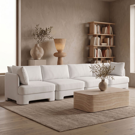 White velvet performance fabric modular sectional sofa with multiple seat and back cushions