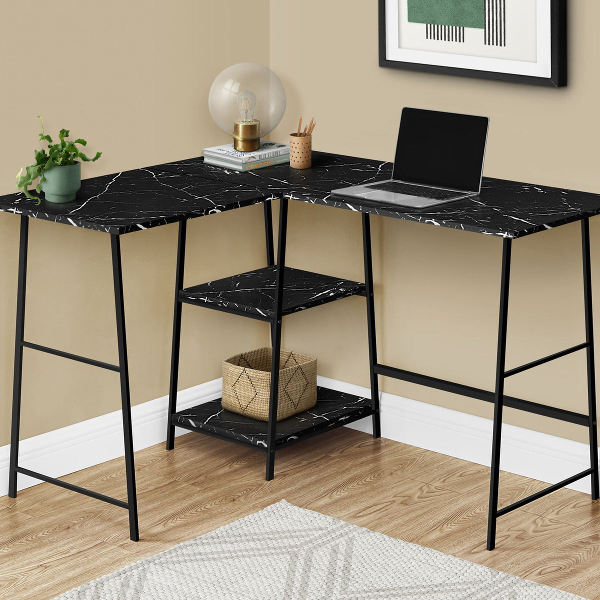 Computer Desk, Home Office, Corner, Storage Shelves, L Shape, Work, Laptop, Marble Look Laminate, Contemporary, Modern