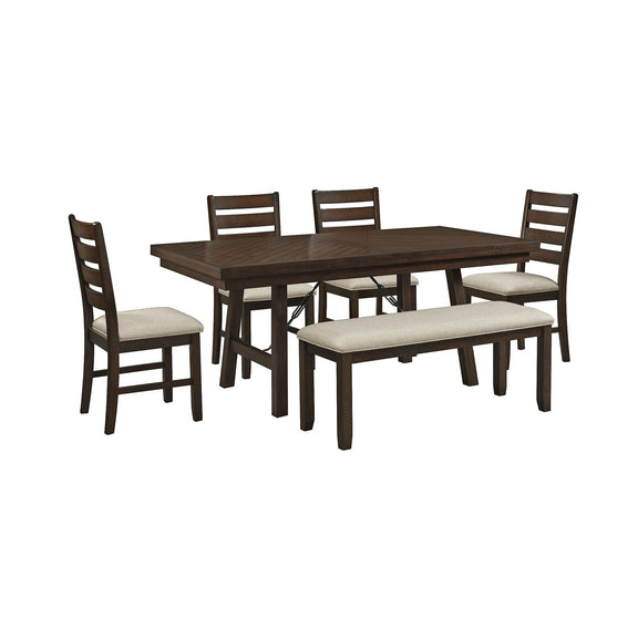 Cherry dining set with 72" rectangular table, four chairs with beige cushions, bench
