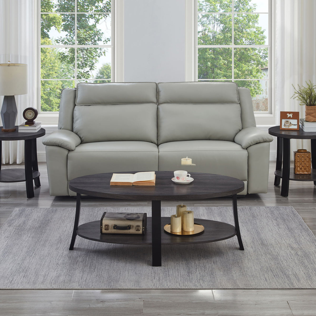 Anze - 3 Piece Coffee Table Set Contemporary Oval Wood Shelf - Charcoal