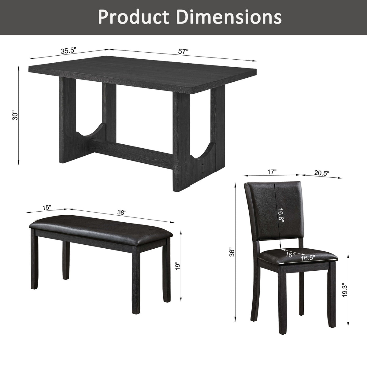 Product size diagram showing rectangular dining table with dark upholstered chair
