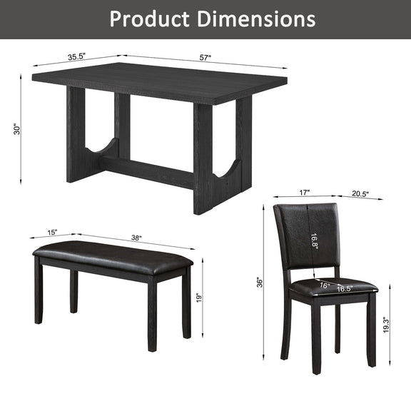 Product size diagram showing rectangular dining table with dark upholstered chair
