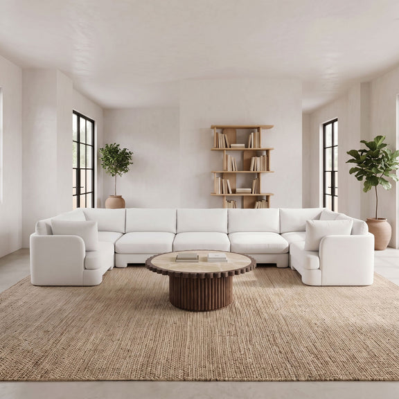 White velvet U-shaped sectional sofa with chaise-style end pieces, 7-piece set