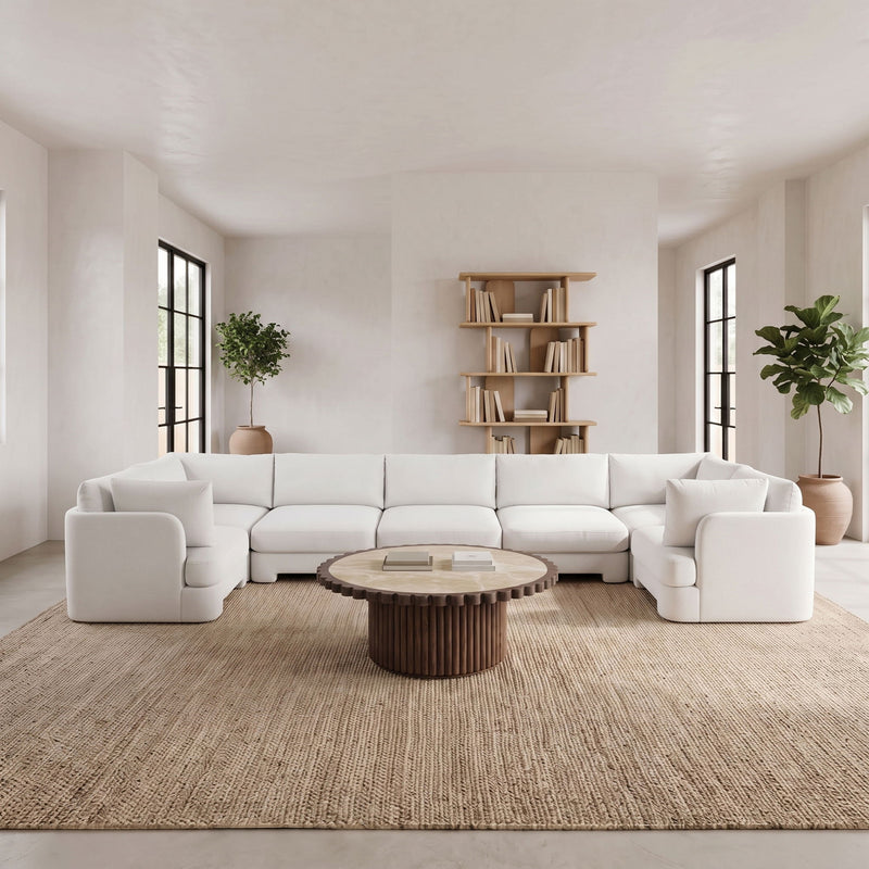 White velvet U-shaped sectional sofa with chaise-style end pieces, 7-piece set