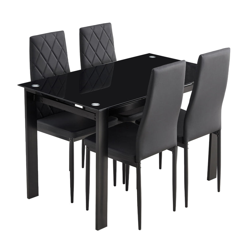 Modern 5 Piece Dining Table Set With Glass Top And Chairs - Black