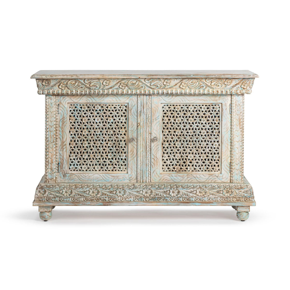 2-door cabinet with decorative lattice panels, distressed light blue wood frame