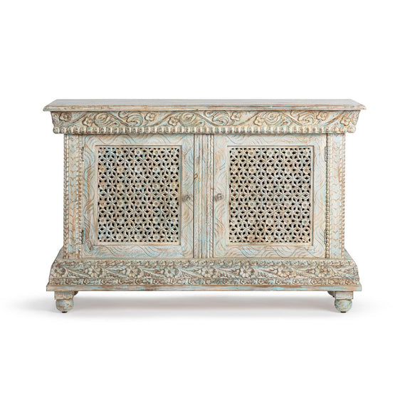 2-door cabinet with decorative lattice panels, distressed light blue wood frame