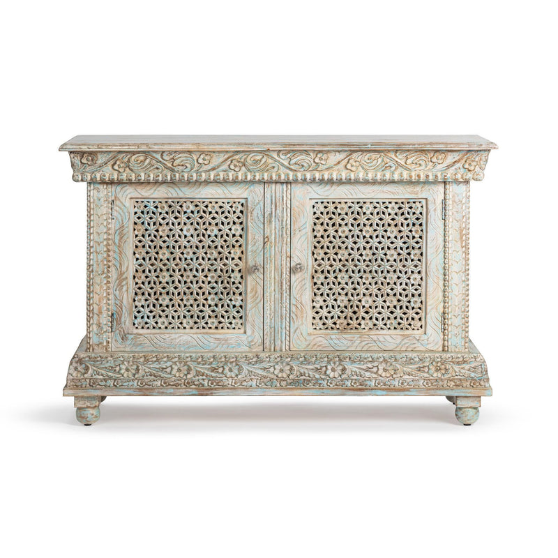 2-door cabinet with decorative lattice panels, distressed light blue wood frame