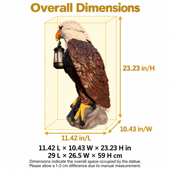 Side view of bald eagle statue with lantern; 23.23 inches high, 11.42 inches long and 10.43 wide