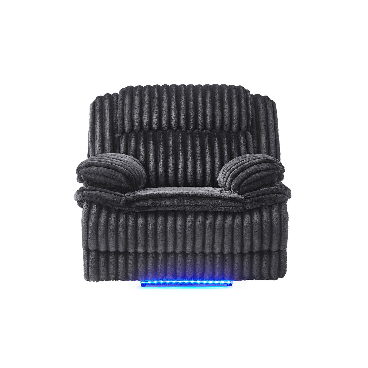 Black ribbed power recliner with blue LED strip under the front