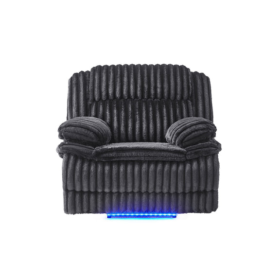 Black ribbed power recliner with blue LED strip under the front