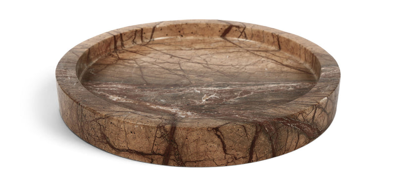Brown marble tray with round shallow basin and dramatic cracked veining