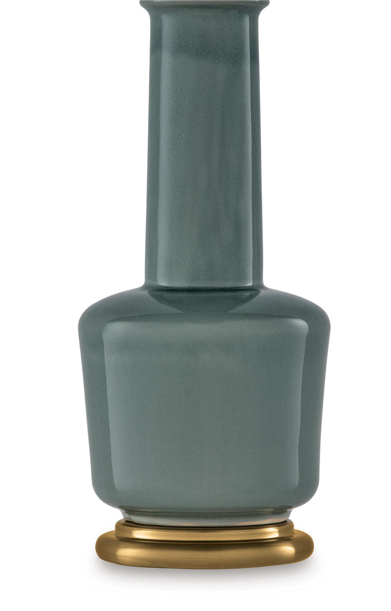 Teal ceramic lamp base with gold pedestal base