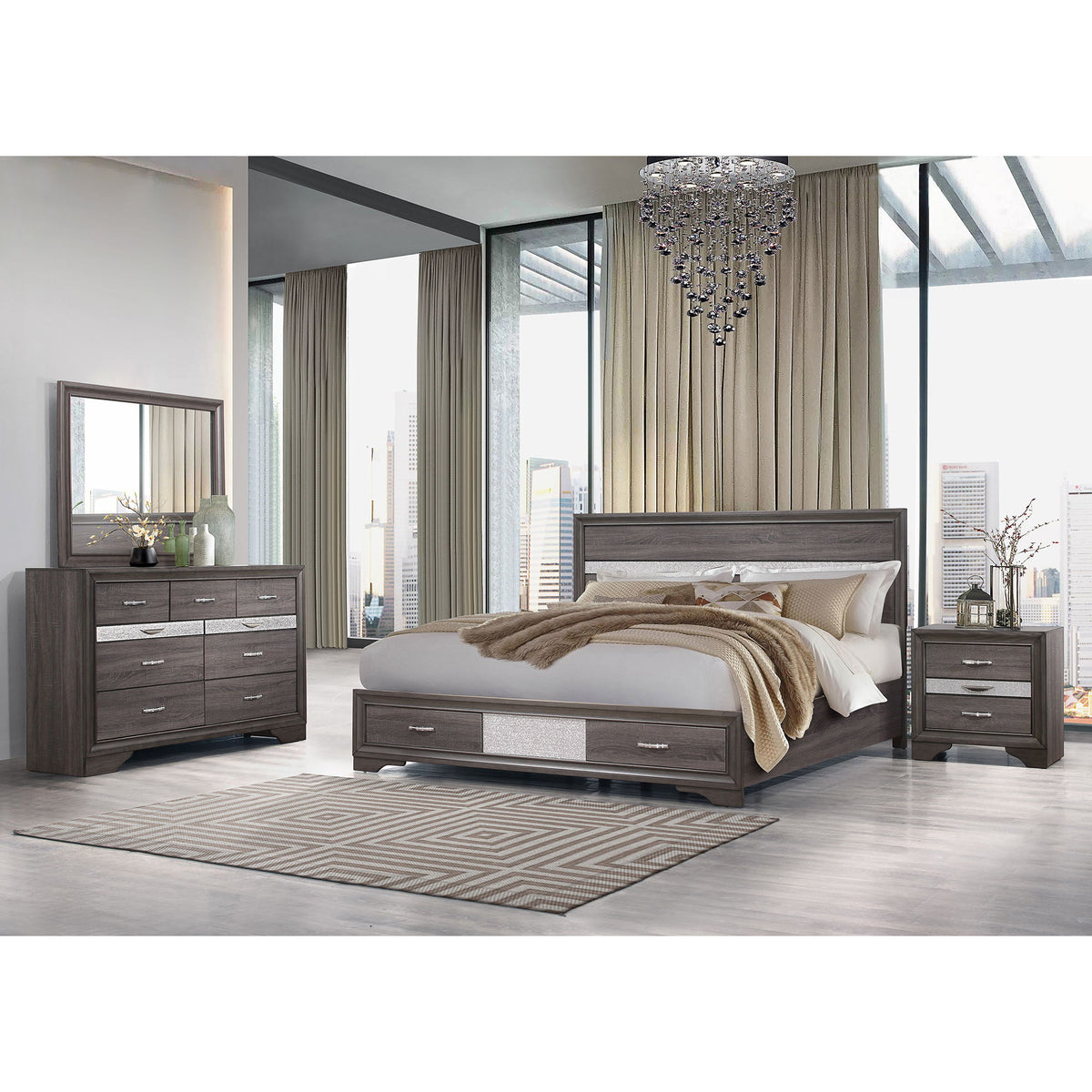 Gray dresser with multiple drawers, silver handles, and glittery center inlay