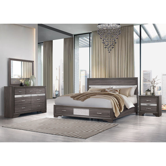 Gray dresser with multiple drawers, silver handles, and glittery center inlay
