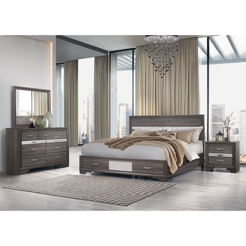 Gray dresser with multiple drawers, silver handles, and glittery center inlay