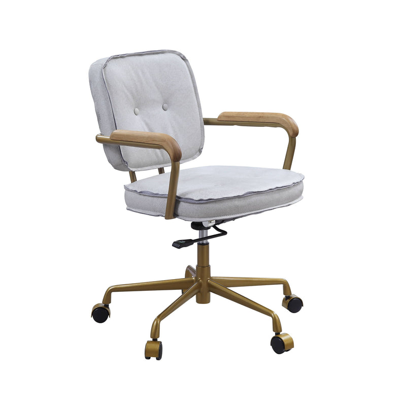 White upholstered office chair with padded arms and tufted back, rolling casters.
