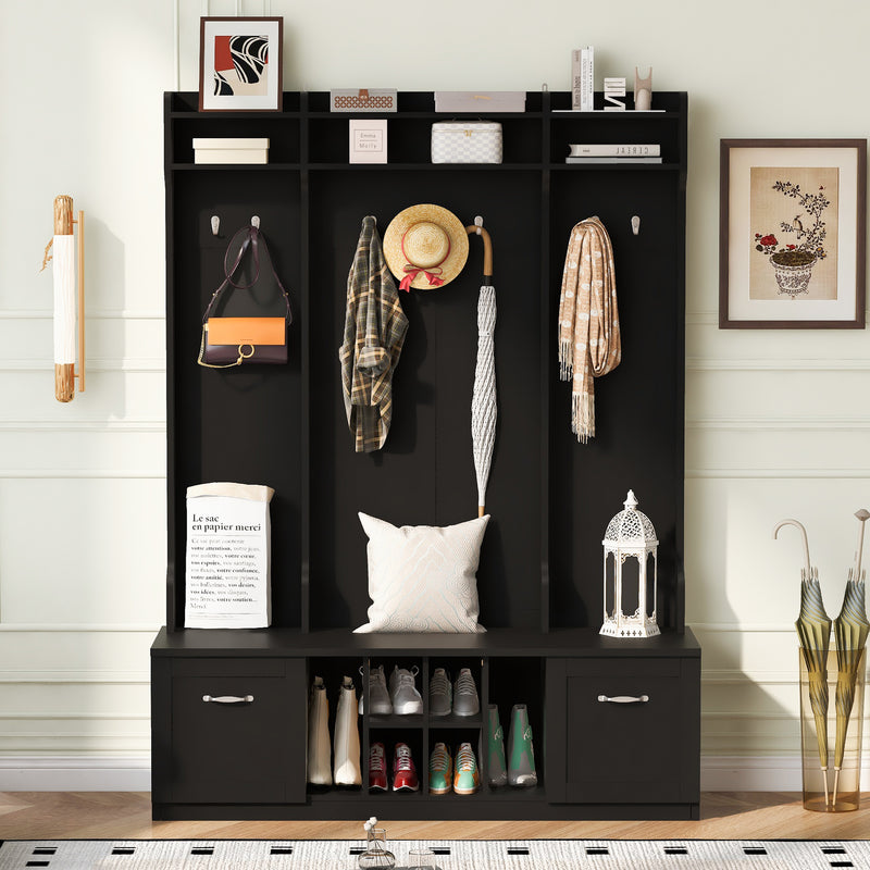 Hall Tree with Bench Open Shelving Black 58.8-inch