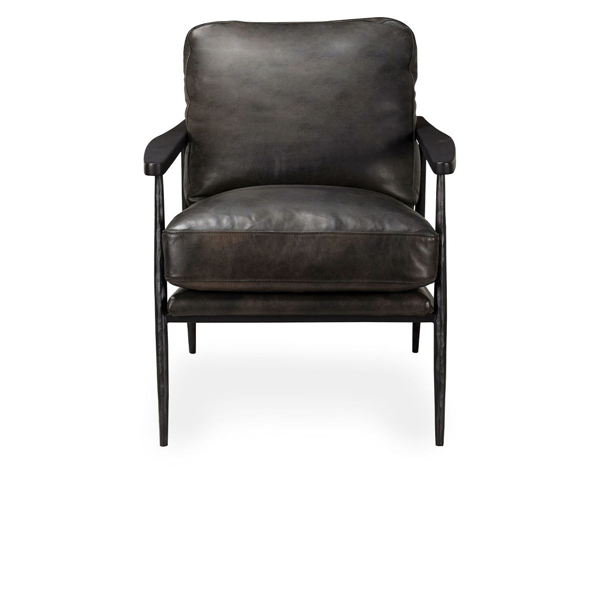 Dark gray leather club chair with padded back and armrests