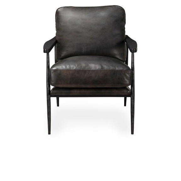 Dark gray leather club chair with padded back and armrests