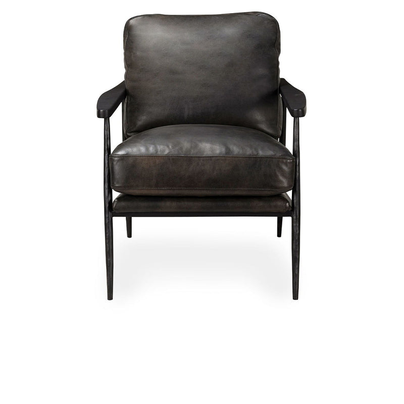 Dark gray leather club chair with padded back and armrests