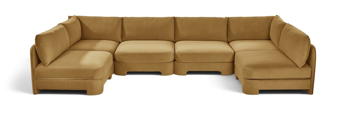 Tan velvet performance sectional sofa, U-shaped armless design with 6 pieces