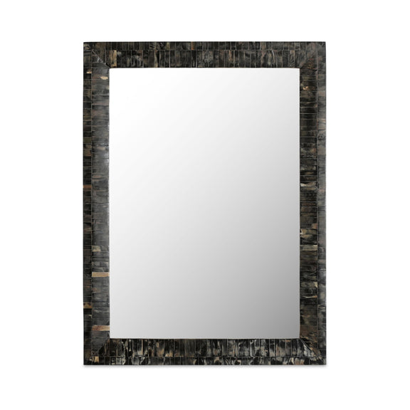 Rectangular horn inlay mirror, dark gray and gold multicolor border around reflective glass