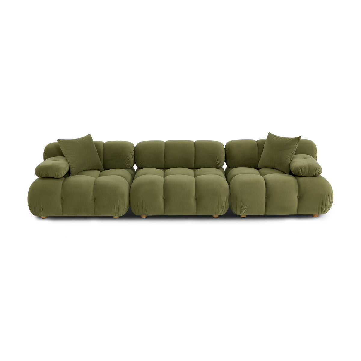 Olive green modular sofa with wide ottoman-style seats and square back cushions