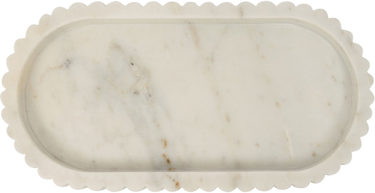 White genuine marble tray with oval interior and scalloped ridged border
