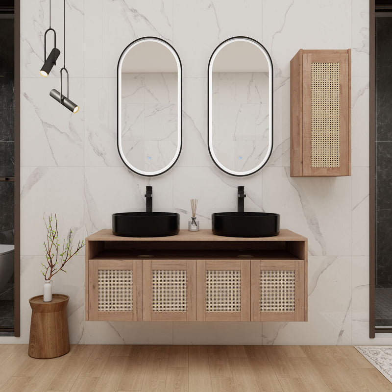 Floating bathroom vanity with two white vessel sinks and side cabinet, wood-tone rattan-front doors