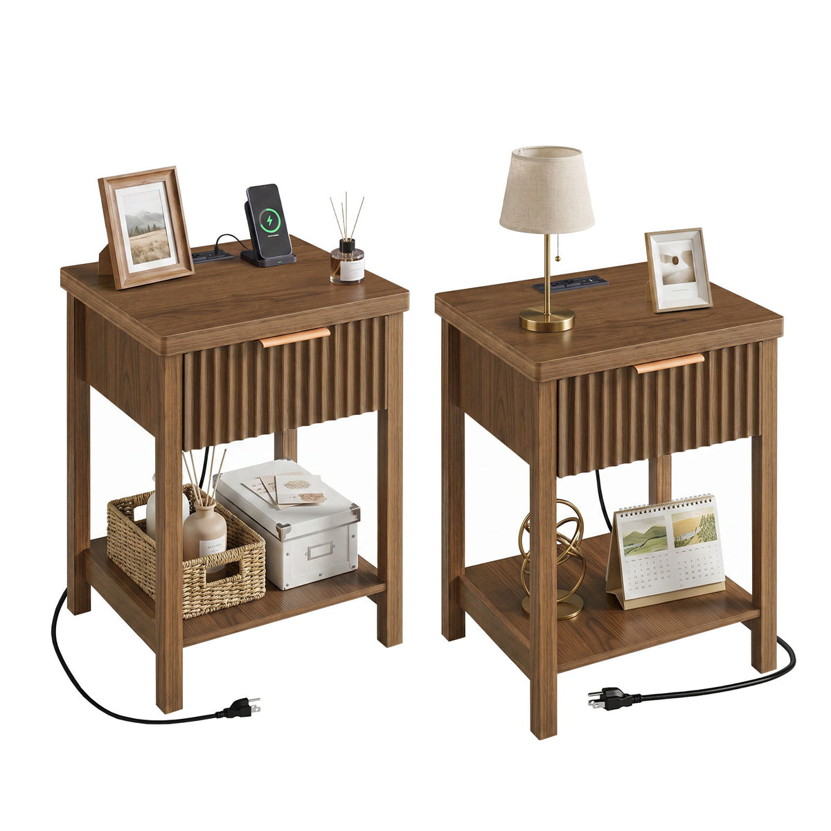 Walnut bedside table set of 2 with built-in charging port and open lower shelf