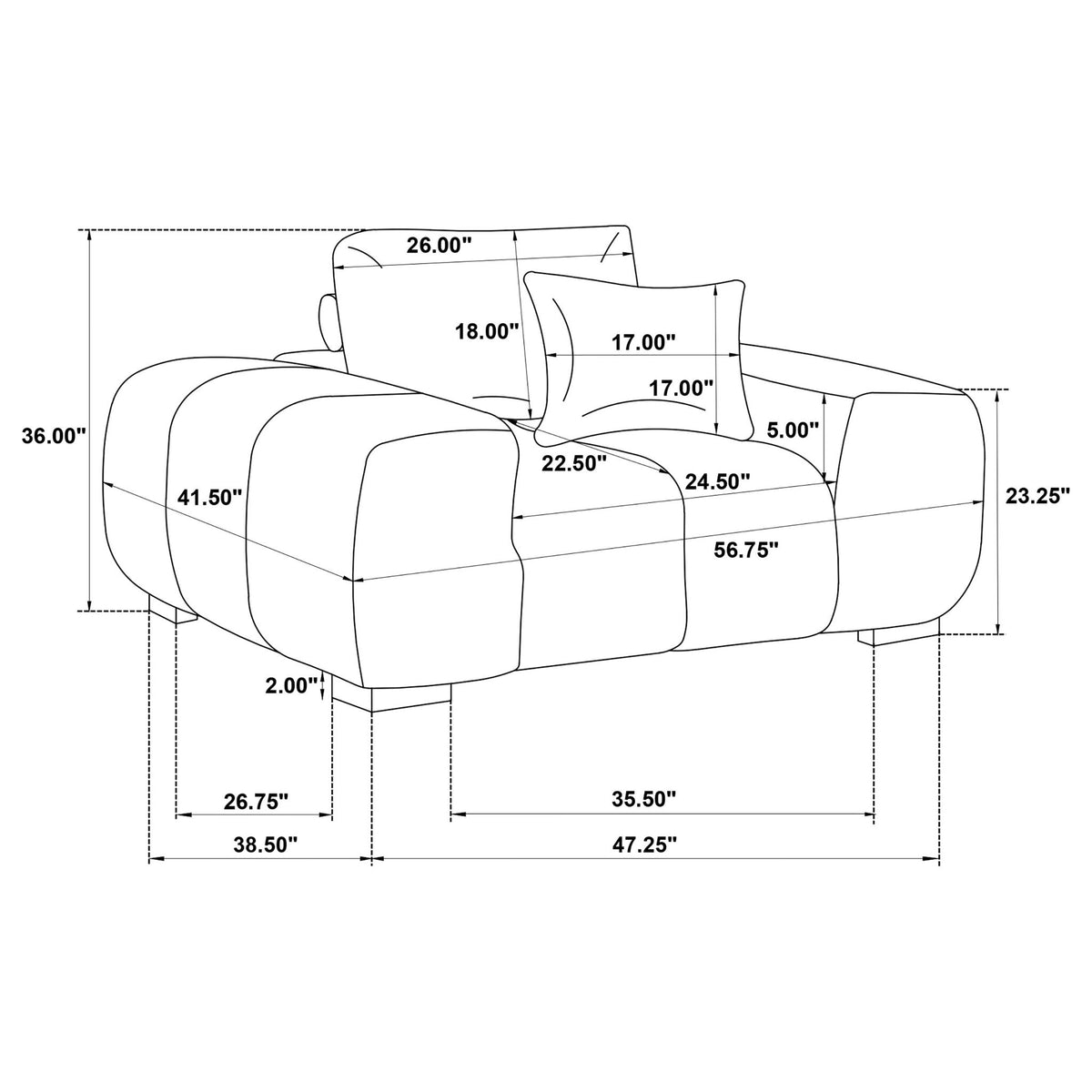 Track arm accent chair side dimensions diagram with labeled measurements